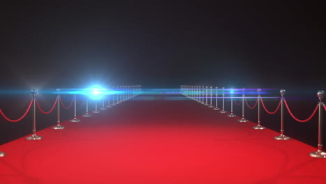 Animation-of-white-spotlights-and-flashbulbs-over-empty-red-carpet-runway-and-crowd-barriers