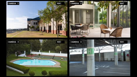 Four-security-camera-views-of-luxury-resort-exterior,-reception,-pool-and-carpark,-slow-motion