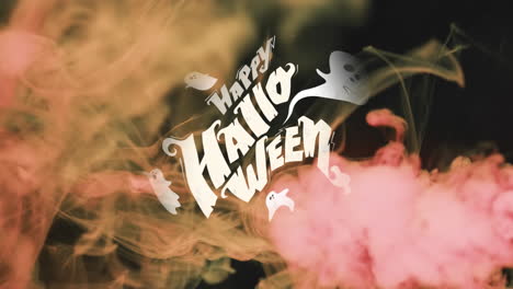 Animation-of-happy-halloween-text-and-ghosts-over-pink-and-black-background