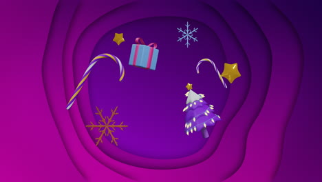 Christmas-tree,-decorations,-gift-and-candy-canes-floating-over-purple-background