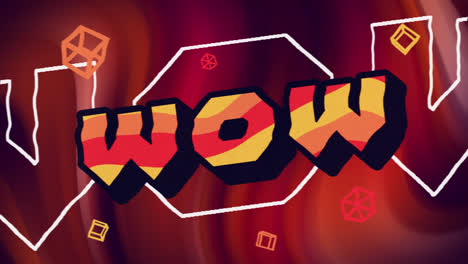 Animation-of-wow-text-in-orange-and-yellow-with-floating-shapes-over-red-mist-on-black