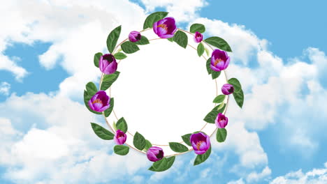 Animation-of-floral-design-circular-frame-with-copy-space-against-clouds-in-the-blue-sky