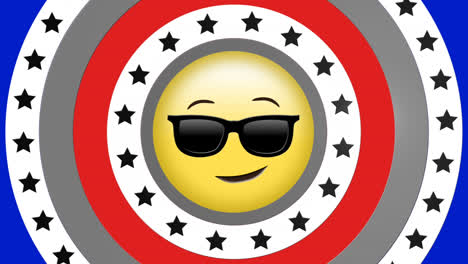 Animación-De-Emoji-Con-Gafas-De-Sol-Sobre-Círculos-De-La-Bandera-De-Los-Estados-Unidos-De-América.