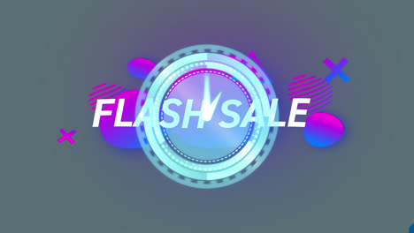 Animation-Eines-Flash-Sale-Textbanners-Und-Einer-Neonfarbenen-Tickenden-Uhr-über-Farbverlaufsformen-Auf-Grauem-Hintergrund