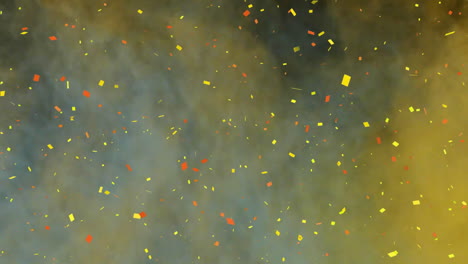 Animation-of-confetti-falling-over-colored-powder-explosion-against-black-background-with-copy-space