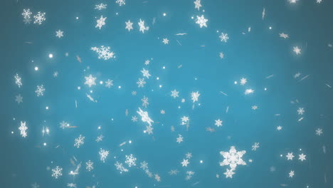 Weiße-Weihnachtsschneeflocken-Und-Lichtpartikel,-Die-Sich-über-Blauen-Hintergrund-Bewegen