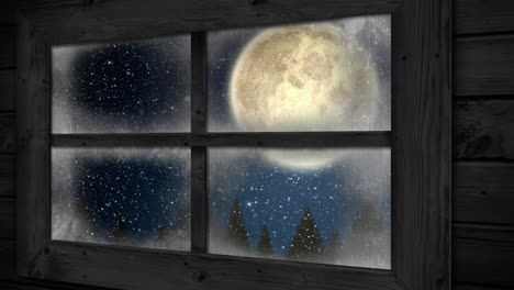 Animación-De-Ventana-Sobre-Nieve-Cayendo-Y-Luna-En-Navidad.