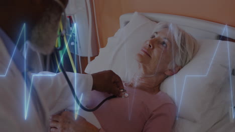 Animation-Eines-Herzfrequenzmessers-über-Einer-Ärztin,-Die-Eine-Patientin-Im-Krankenhaus-Untersucht