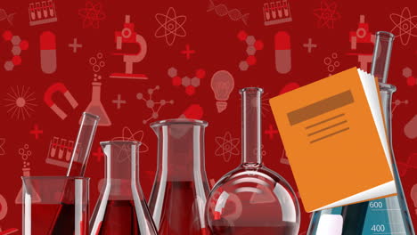 Animation-of-beakers,-flasks,-test-tubes-and-book-icons-against-science-concept-icons