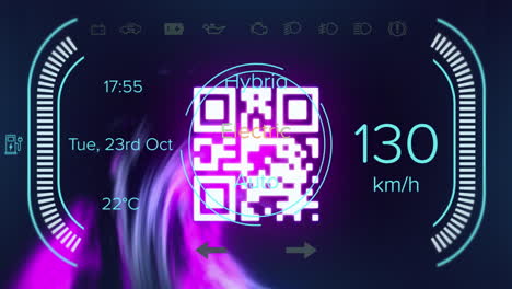 Animation-of-speedometer-over-neon-qr-code-scanner-and-purple-digital-wave-on-black-background