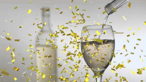 Animation-of-golden-confetti-falling-over-champagne-pouring-in-a-glass-against-grey-background