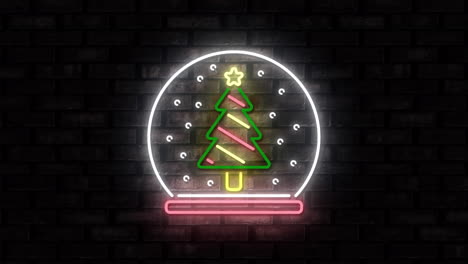 Animation-of-illuminated-christmas-tree-and-dots-in-circle-against-brick-wall