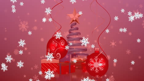 Animation-of-falling-snowflakes,-gift-boxes,-baubles,-ribbon-christmas-tree-on-abstract-background
