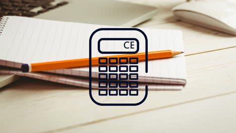 Animation-of-calculator-icon-against-close-up-of-notepad,-pencil,-mouse-and-laptop-on-wooden-table