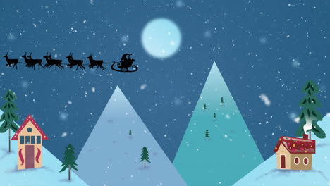 Animación-De-Nieve-Cayendo-Sobre-El-Paisaje-Invernal-Con-Casa-Y-Montañas-Contra-El-Cielo-Nocturno