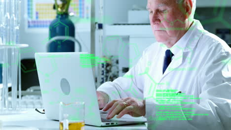 Animation-of-medical-data-processing-over-caucasian-senior-male-scientist-using-laptop-at-laboratory