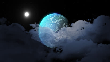 Animación-Del-Planeta-Azul-Sobre-El-Cielo-Nocturno-Con-Luna
