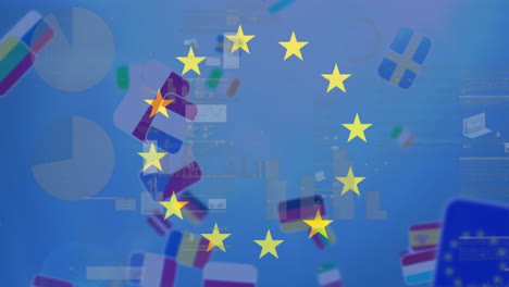 Animation-Von-Rotierenden-Sternen-Auf-Der-EU-Flagge-Und-Datenverarbeitung-über-Fallende-Miniaturen-Der-EU-Länderflaggen