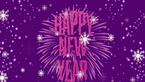 Animation-of-snowflakes-over-happy-new-year-text-and-fireworks-exploding-against-purple-background