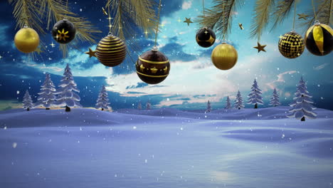 Swinging-black-and-gold-christmas-baubles-and-stars-over-falling-snow-and-winter-landscape-at-dusk
