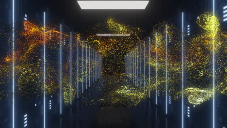 Animation-of-orange-glowing-mesh-over-computer-servers