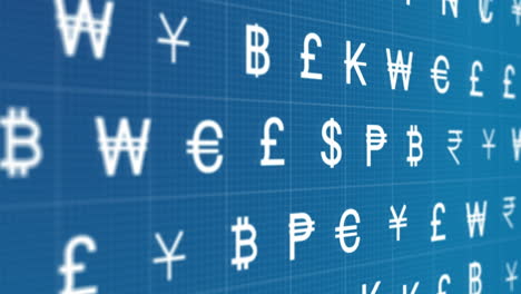 Animation-of-interface-with-multiple-currency-symbols-against-blue-background