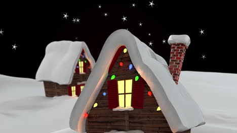 Animation-of-stars-floating-over-houses-on-winter-landscape-against-black-background