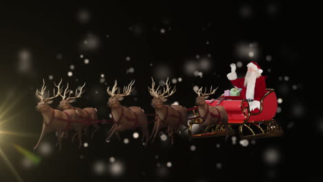 Father-christmas-ringing-bell-in-sleigh-pulled-by-reindeer-on-black-background