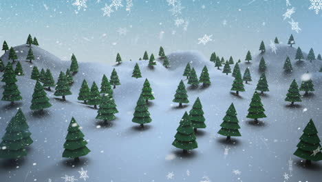 Animation-of-snowflakes-falling-over-multiple-trees-on-winter-landscape
