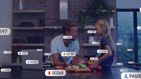 Animation-of-numbers-and-icons-in-message-bars,-caucasian-father-and-daughter-talking-in-kitchen