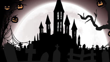 Animation-Eines-Schlosses-über-Kürbissen,-Mond-Und-Friedhof