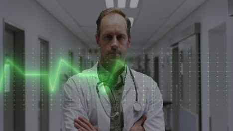 Animation-of-heart-rate-monitor-over-portrait-of-caucasian-male-doctor-standing-in-hospital-corridor