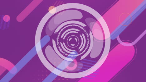 Animation-of-round-scanner-spinning-over-abstract-shapes-on-purple-background-with-copy-space