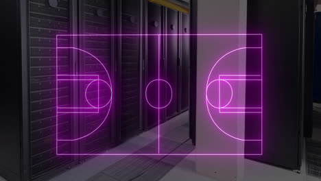 Animation-of-illuminated-basketball-court-drawing-over-server-room-in-background