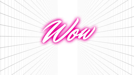 Animation-of-neon-wow-text-banner-over-grid-network-against-white-background