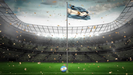 Animation-Von-Goldenem-Konfetti,-Das-über-Die-Wehende-Argentinische-Flagge-Vor-Einem-Sportstadion-Fällt