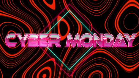 Animation-of-cyber-monday-text-banner-over-abstract-red-kaleidoscope-pattern-on-black-background