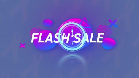 Animation-Eines-Flash-Sale-Textbanners-Und-Einer-Neonfarbenen-Tickenden-Uhr-über-Farbverlaufsformen-Auf-Blauem-Hintergrund