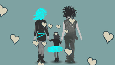 Animation-of-back-view-of-punk-couple-with-daughter-over-green-background-with-hearts