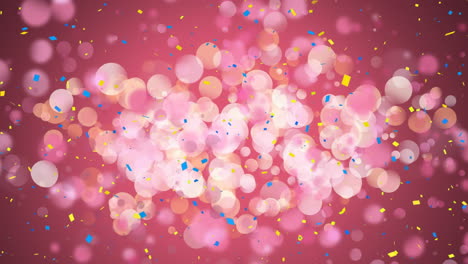 Animation-of-blue-and-yellow-confetti-falling-over-spots-of-light-against-purple-background