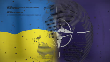 Animation-of-spinning-globe-and-data-processing-against-waving-ukraine-and-nato-flag-background