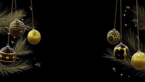 Black-and-gold-baubles-swinging-on-two-christmas-trees-with-gold-stars-on-black,-copy-space