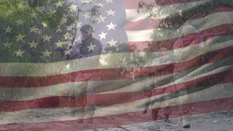 Animation-of-flag-of-usa-over-diverse-male-soldiers