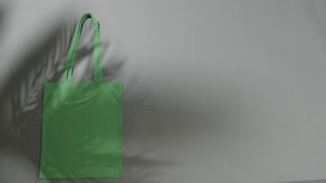 Leaf-shadow-moving-over-green-bag-on-grey-background,-copy-space,-slow-motion