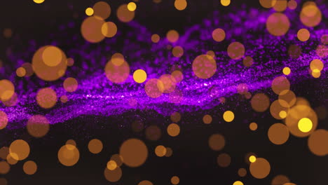 Animation-of-yellow-spots-over-glowing-purple-digital-wave-against-black-background-with-copy-space