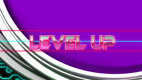 Animation-of-level-up-text-over-neon-shapes-on-purple-background