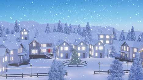 Animation-Von-Schnee,-Der-über-Beleuchtete-Häuser-In-Einer-Winterlandschaft-Fällt