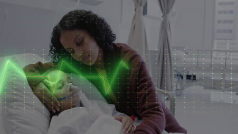 Animation-of-heart-rate-monitor-against-biracial-woman-hugging-her-sick-daughter-on-on-hospital-bed