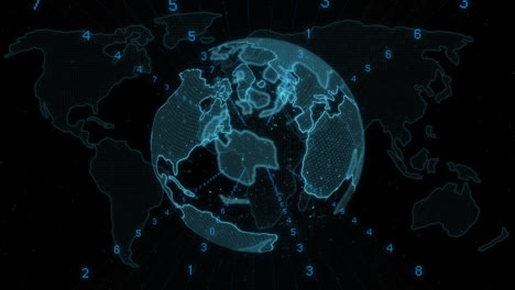 Animation-of-changing-numbers-over-spinning-globe-and-world-map-against-black-background