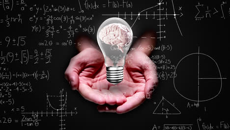 Animation-of-hands-holding-light-bulb-with-brain-over-mathematical-equations-on-black-background